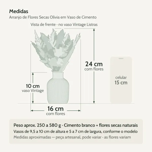 Medidas — Arranjo de Flores Secas Olivia em Vaso de Cimento Branco