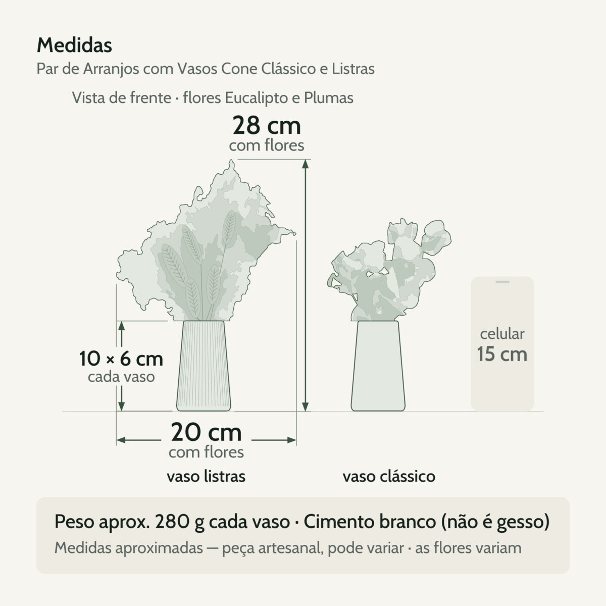 Medidas — Par de Arranjos de Flores Secas com Vasos Cone Clássico e Listras 28cm