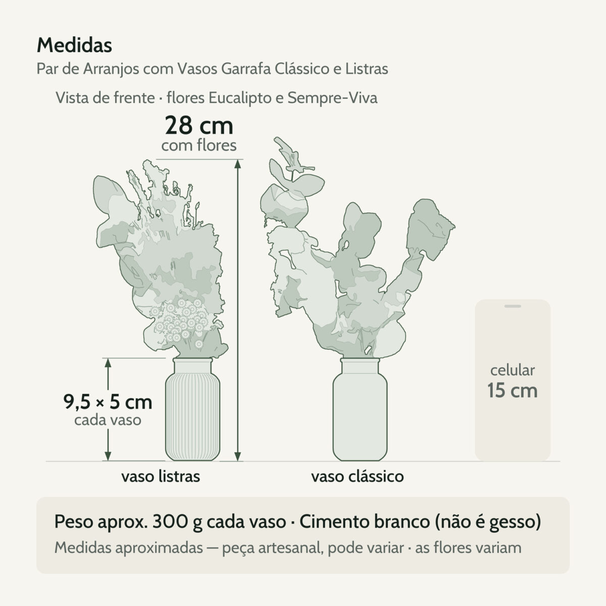 Medidas — Par de Arranjos de Flores Secas com Vasos Garrafa Clássico e Listras 28cm