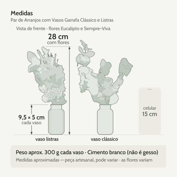 Medidas — Par de Arranjos de Flores Secas com Vasos Garrafa Clássico e Listras 28cm
