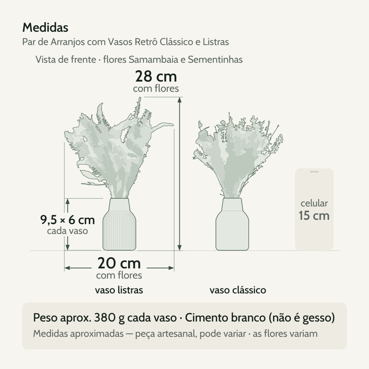 Medidas — Par de Arranjos de Flores Secas com Vasos Retrô Clássico e Listras 28cm