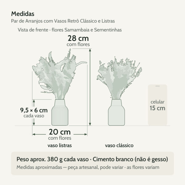 Medidas — Par de Arranjos de Flores Secas com Vasos Retrô Clássico e Listras 28cm