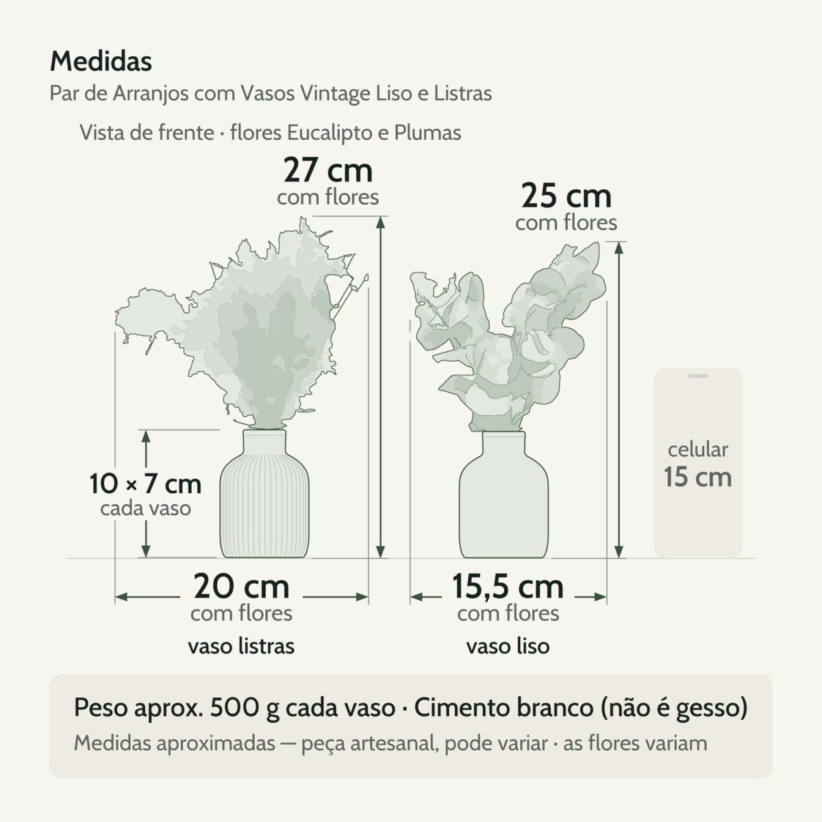 Medidas — Arranjo de Flores Secas em Vaso de Cimento — Par Vintage