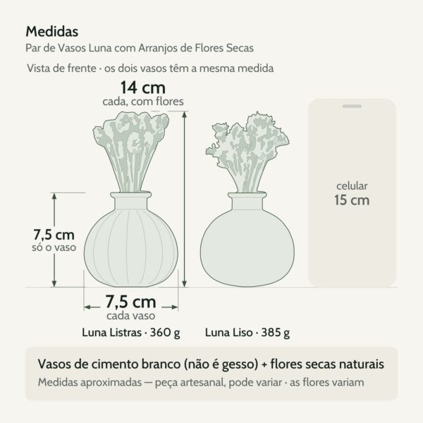 Medidas — Par de Vasos Luna com Arranjos de Flores Secas