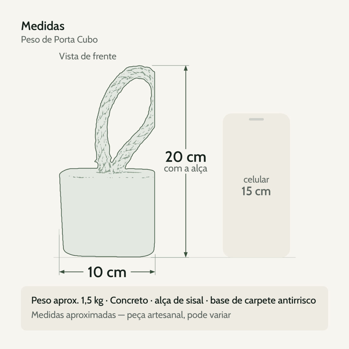 Medidas — Peso de Porta Artesanal Cubo 1,5Kg Concreto com Base Anti Risco