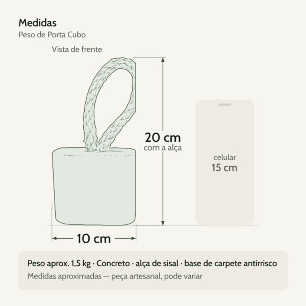 Medidas — Peso de Porta Artesanal Cubo 1,5Kg Concreto com Base Anti Risco