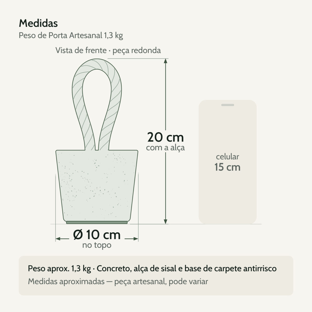 Medidas — Peso de Porta Artesanal 1,3Kg Concreto com Base Anti Risco