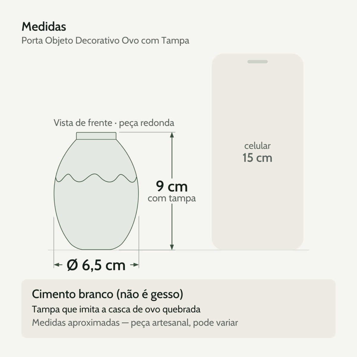 Medidas — Porta Objeto Decorativo Ovo Com Tampa 9cm Cimento Artesanal