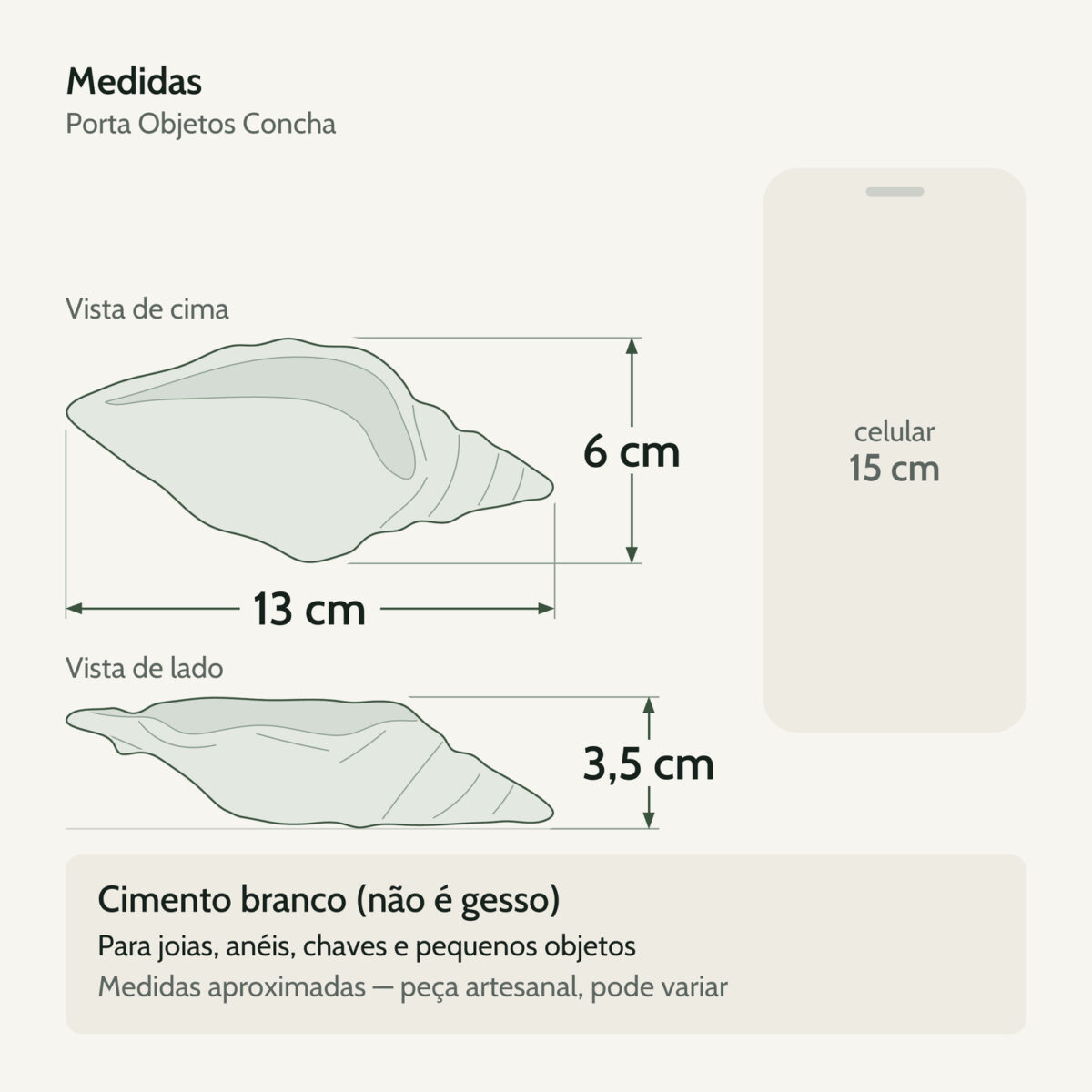 Medidas — Porta Objetos Concha em Cimento Branco Egípcio