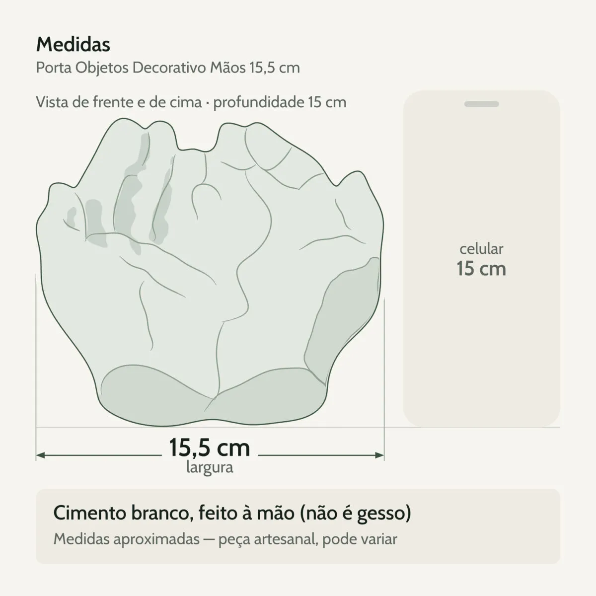 Medidas — Porta Objetos Decorativo Mãos 15,5cm em Cimento Artesanal