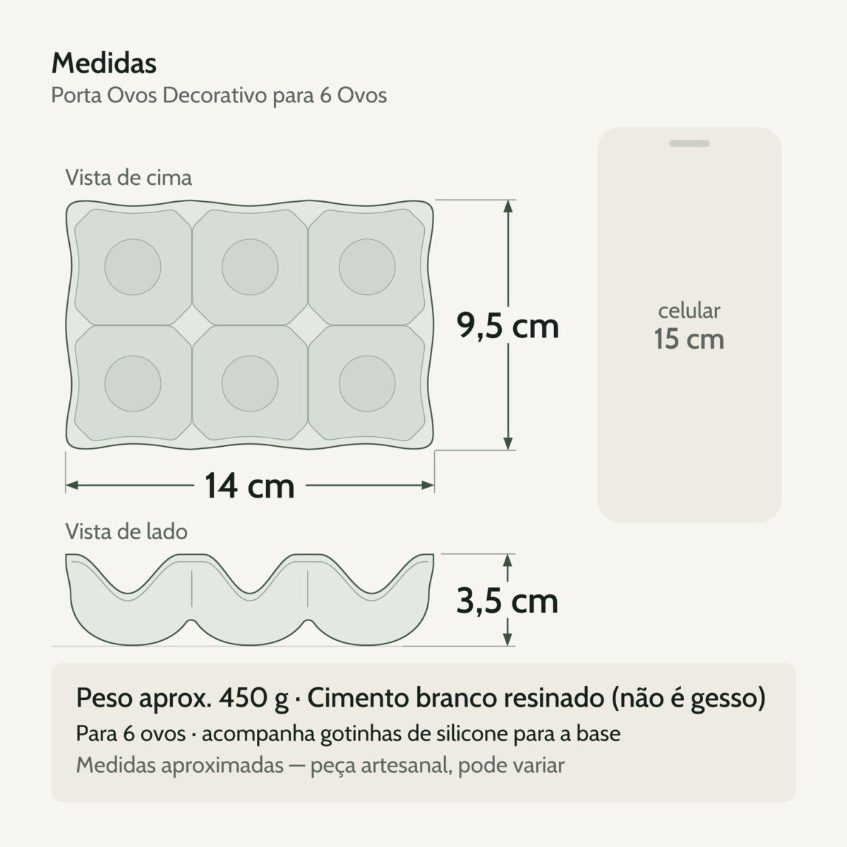 Medidas — Porta Ovos Decorativo de Cimento Branco para 6 Ovos