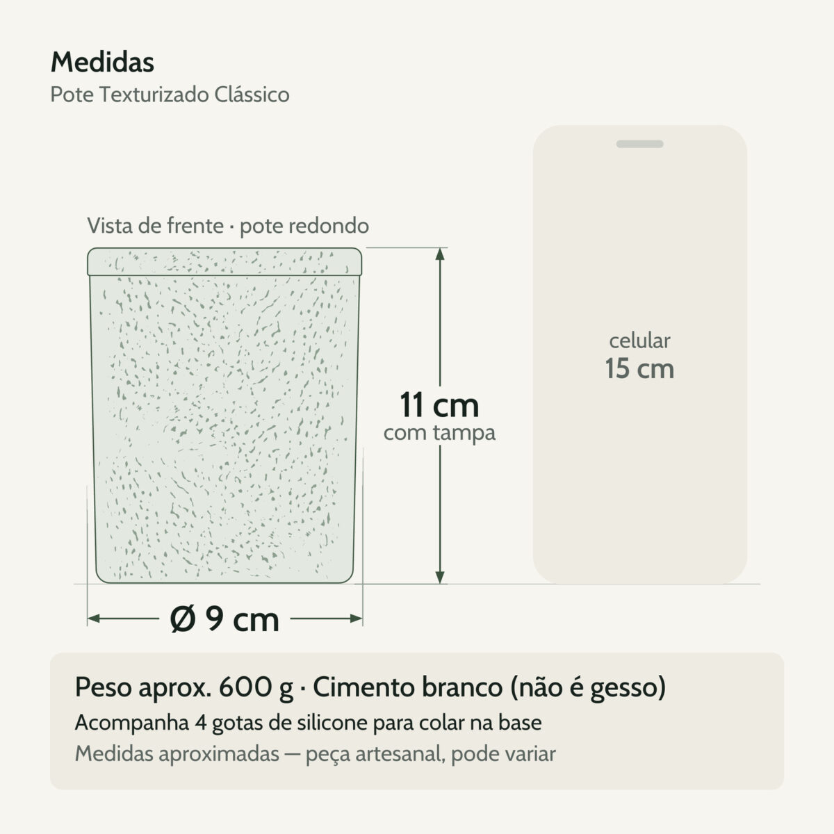 Medidas — Pote Texturizado Clássico 11cm em Cimento Artesanal Medidas — Pote Texturizado Clássico 11cm em Cimento Artesanal