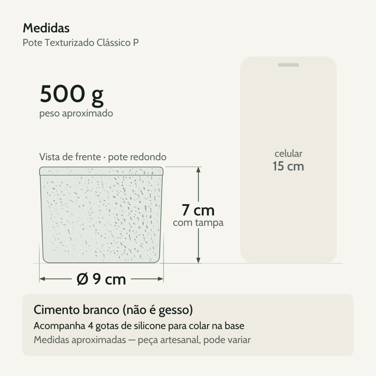 Medidas — Pote Texturizado Clássico P Artesanal 7x9cm Em Cimento Branco