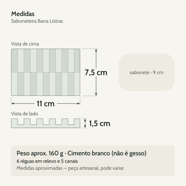Medidas — Saboneteira Barra Listras 12cm em Cimento Branco Artesanal