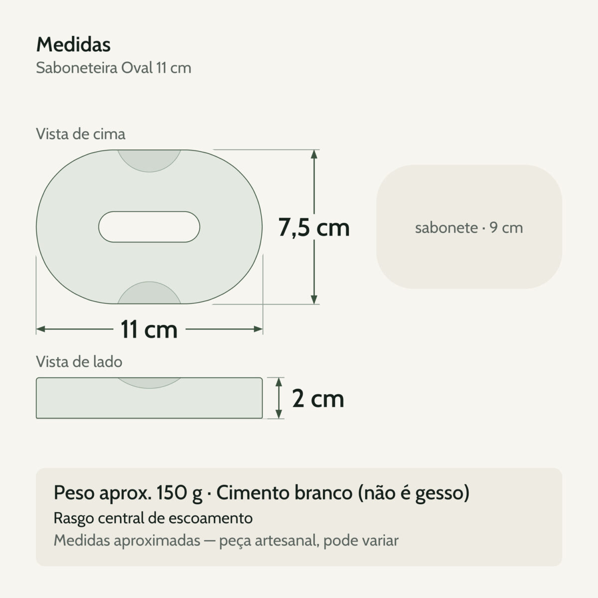 Medidas — Saboneteira Porta Sabonete Banheiro Oval 11cm em Cimento