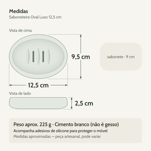 Medidas — Saboneteira Porta Sabonete Banheiro Oval  Luxo 12,5cm em Cimento