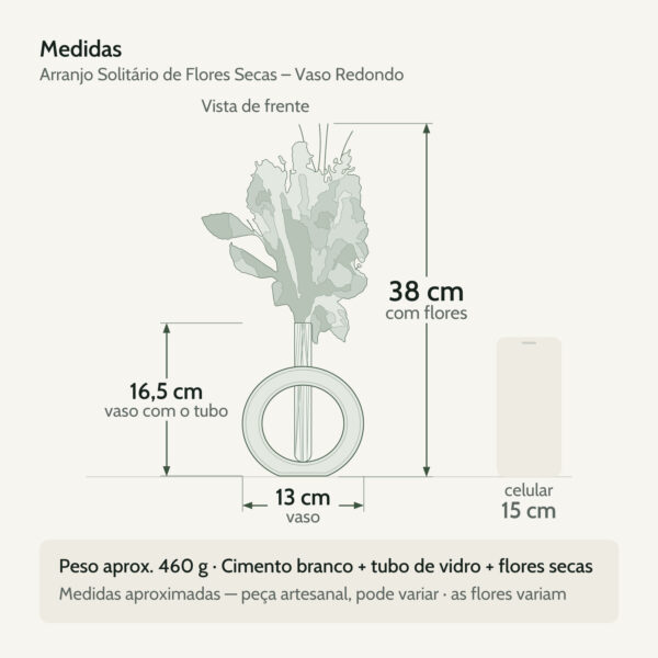 Medidas — Arranjo Solitário de Flores Secas em Vaso de Cimento Branco – Redondo