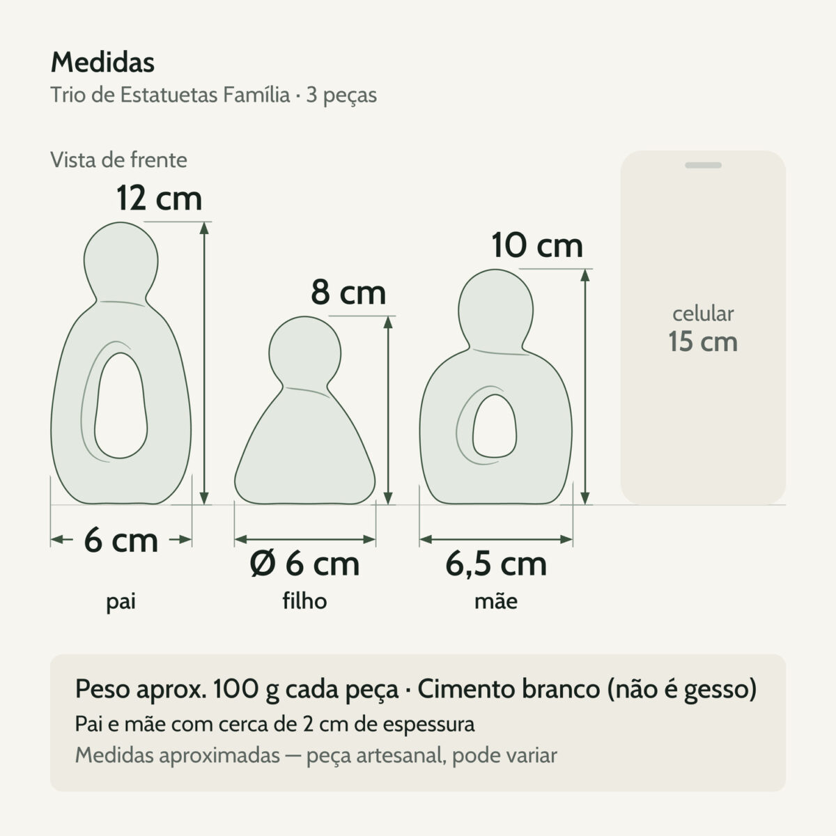 Medidas — Trio de Estatuetas Família em Cimento Branco Egípcio Aleta