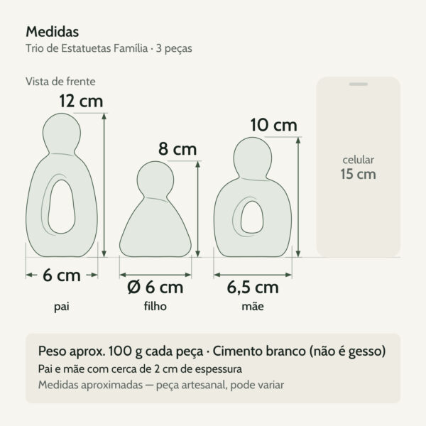 Medidas — Trio de Estatuetas Família em Cimento Branco Egípcio Aleta