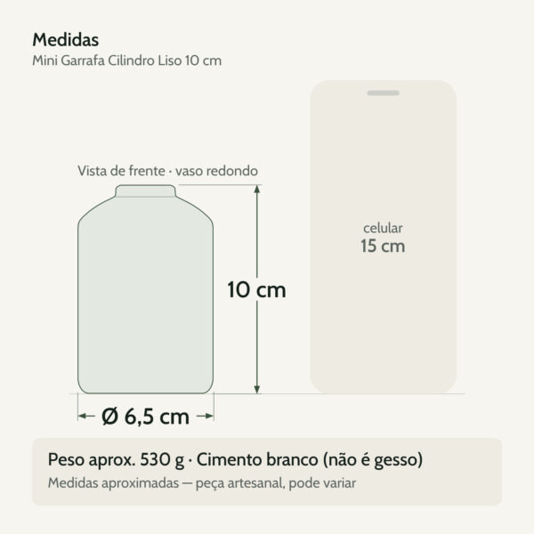 Medidas — Mini Garrafa Cilindro Liso 10cm em Cimento Artesanal Branco