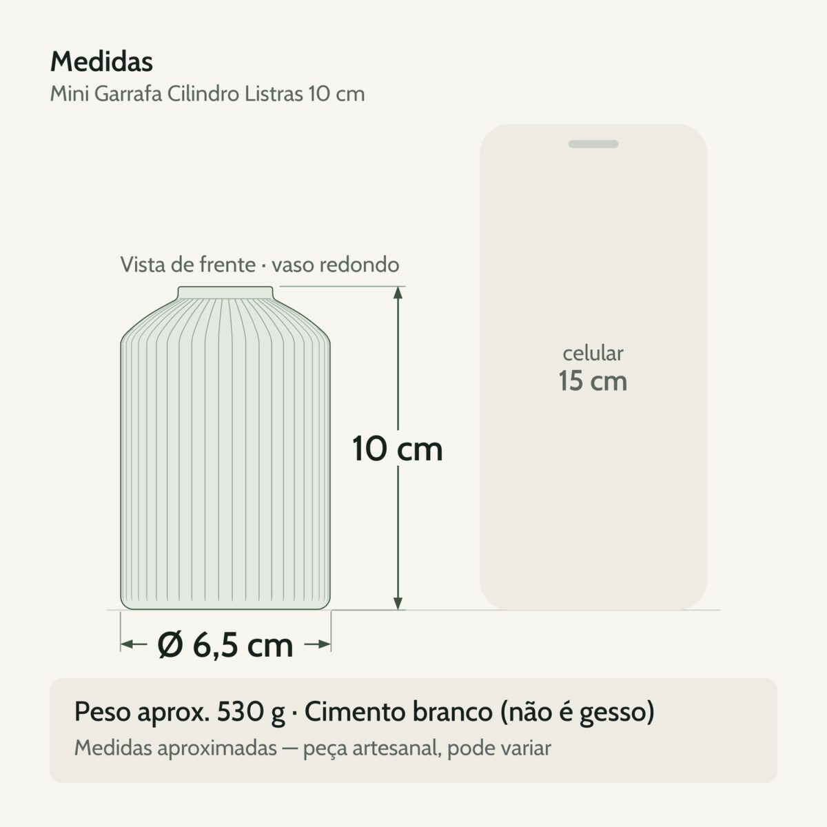 Medidas — Mini Garrafa Cilindro Listras 10cm Cimento Artesanal Branco