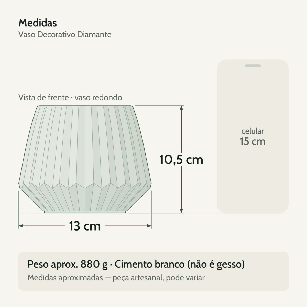 Medidas — Vaso Decorativo Diamante Artesanal 10,5x13cm Em Cimento