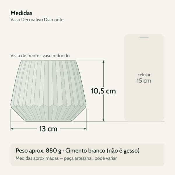 Medidas — Vaso Decorativo Diamante Artesanal 10,5x13cm Em Cimento