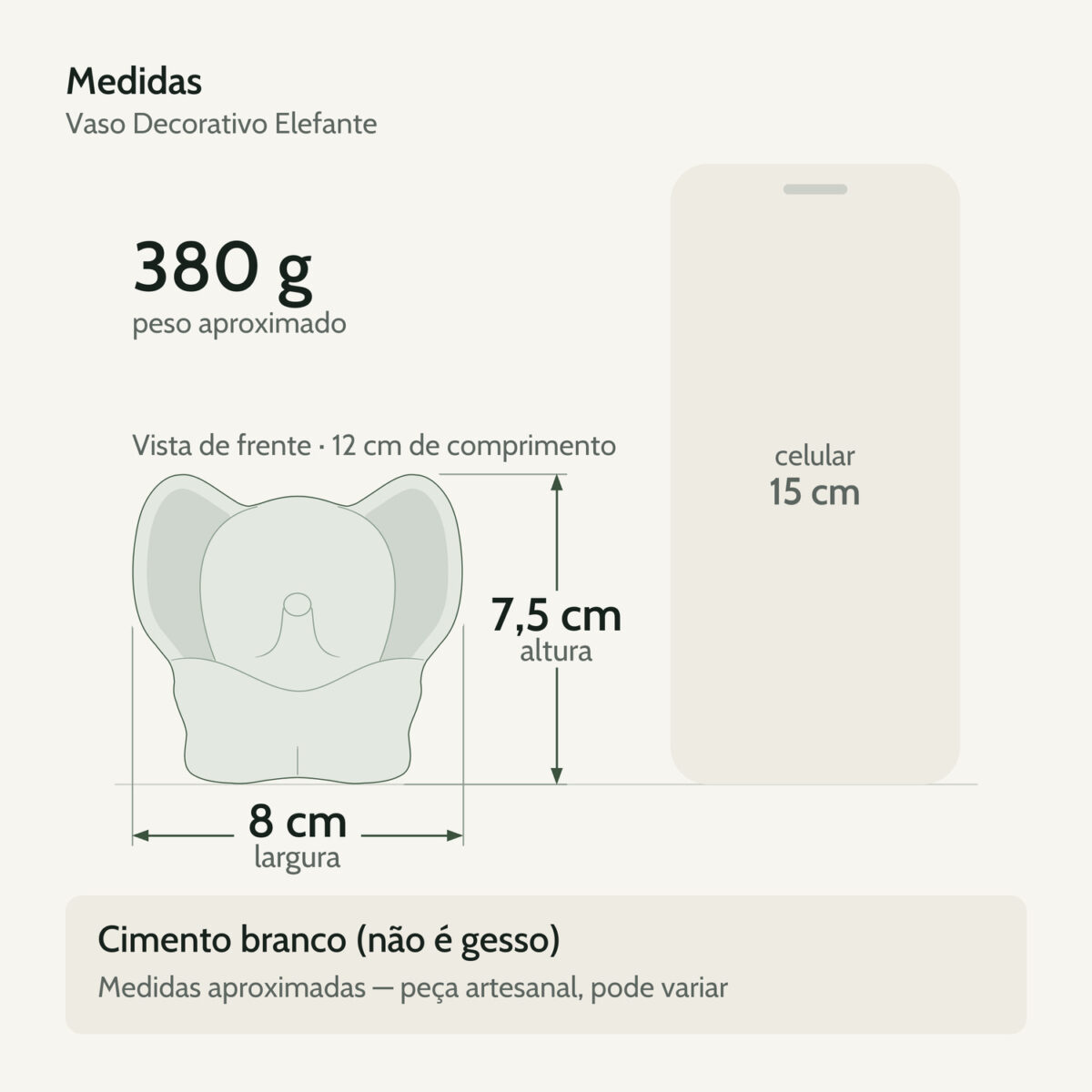 Medidas — Vaso Decorativo Elefante 12cm Cimento Artesanal