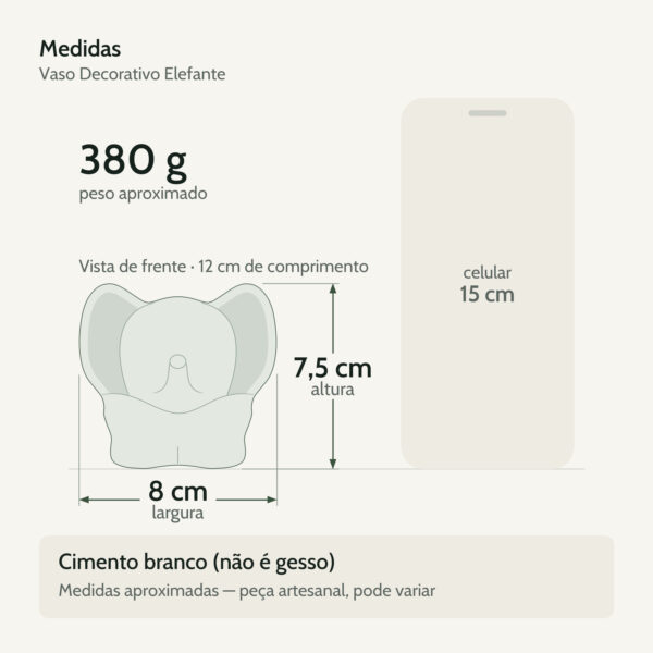 Medidas — Vaso Decorativo Elefante 12cm Cimento Artesanal