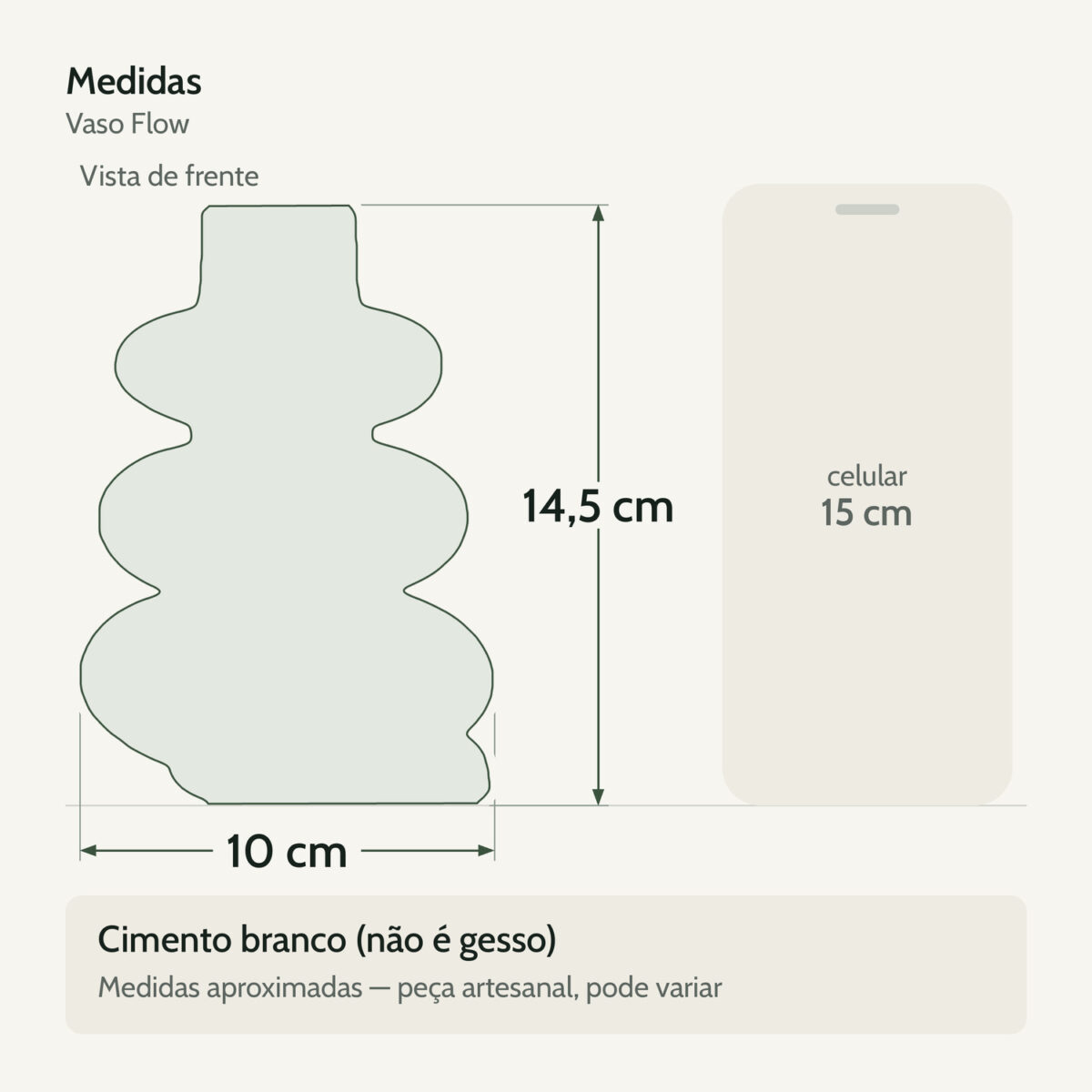 Medidas — Vaso de Mesa Artesanal Flow — Cimento Branco Egípcio