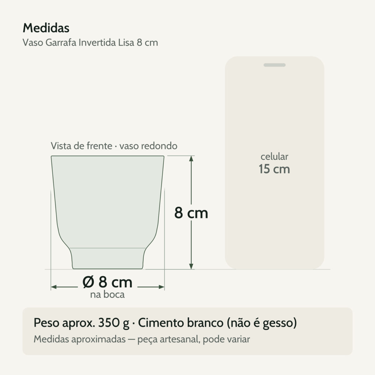 Medidas — Vaso Decorativo Garrafa Invertida Lisa 8cm Cimento Artesanal