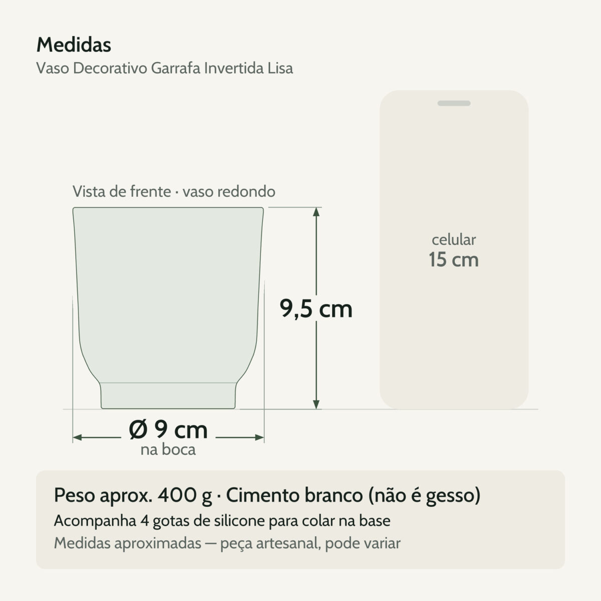 Medidas — Vaso Decorativo Garrafa Invertida Lisa 9,5cm Em Cimento Artesanal