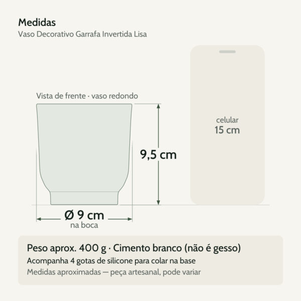 Medidas — Vaso Decorativo Garrafa Invertida Lisa 9,5cm Em Cimento Artesanal