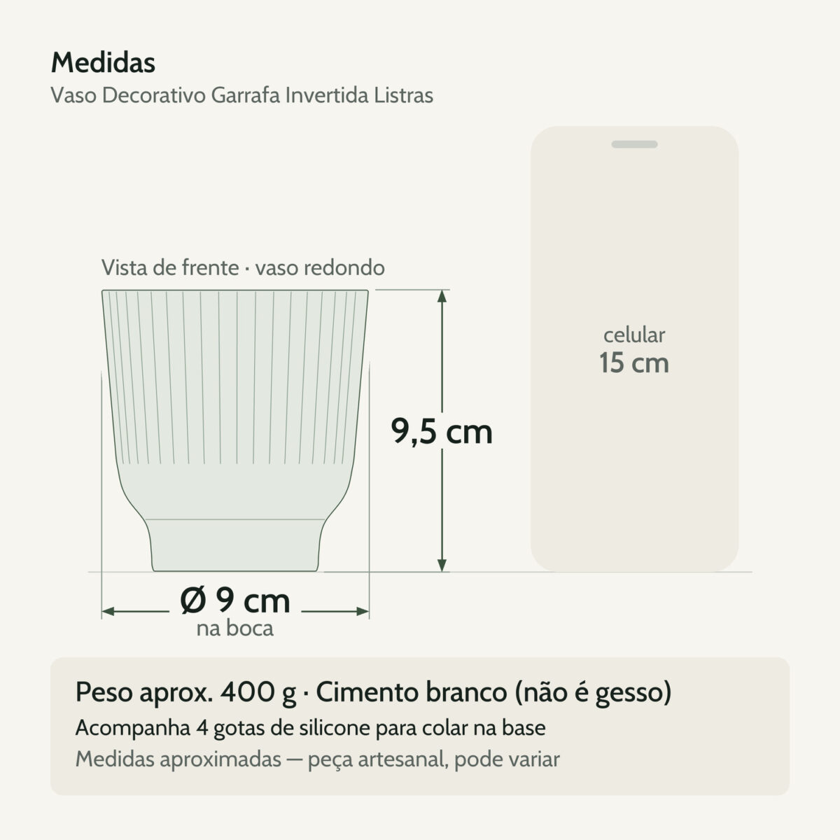 Medidas — Vaso Decorativo Garrafa Invertida Listras 9,5cm Cimento Artesanal