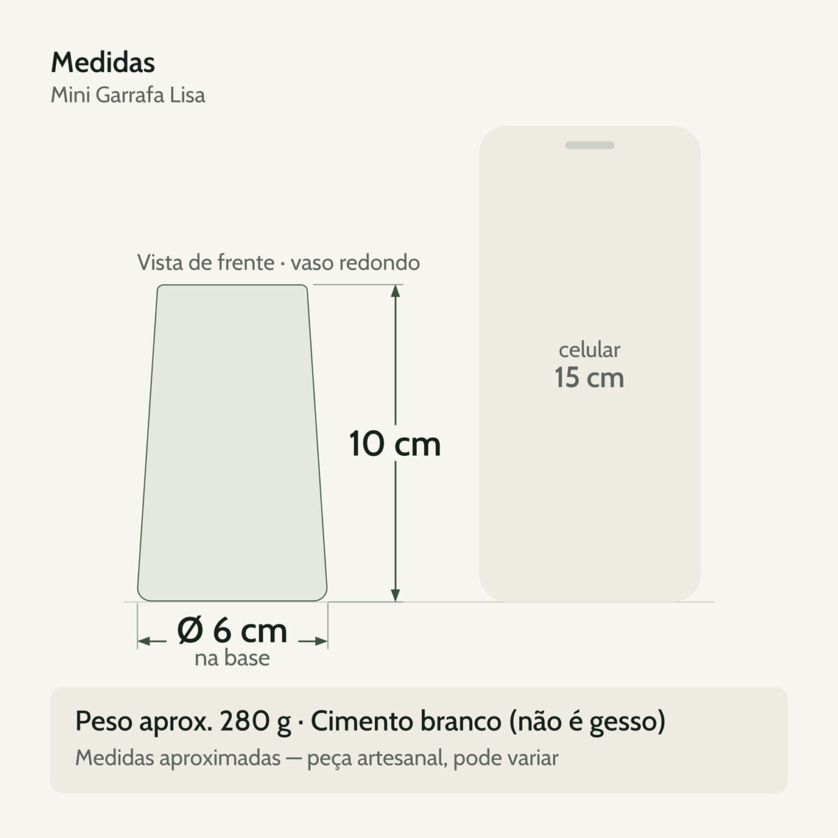 Medidas — Mini Garrafa Lisa Artesanal 10×6,5cm em Cimento Branco