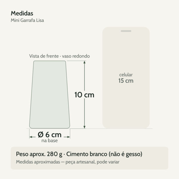 Medidas — Mini Garrafa Lisa Artesanal 10×6,5cm em Cimento Branco