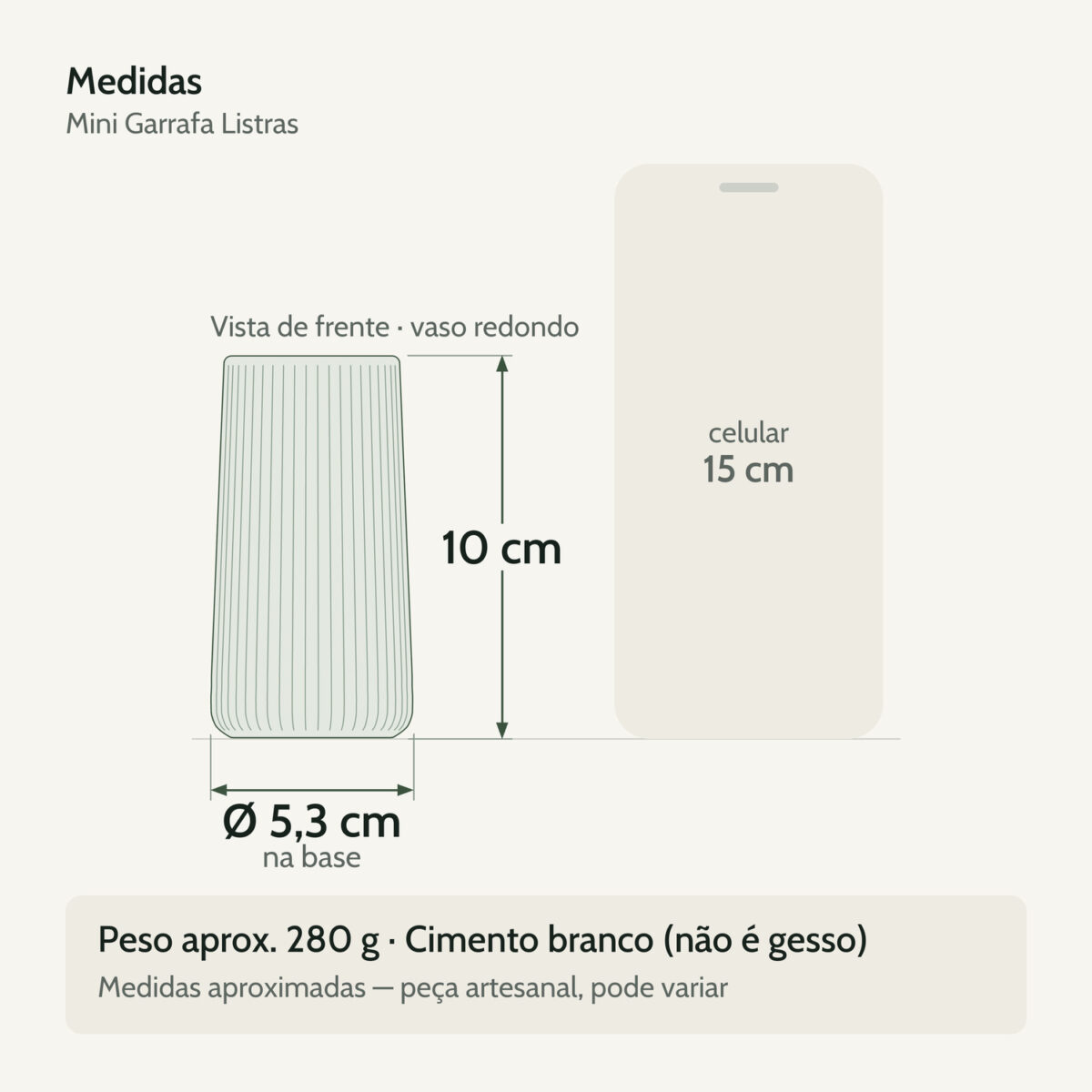 Medidas — Mini Garrafa Listras Artesanal 10×6 cm em Cimento Branco
