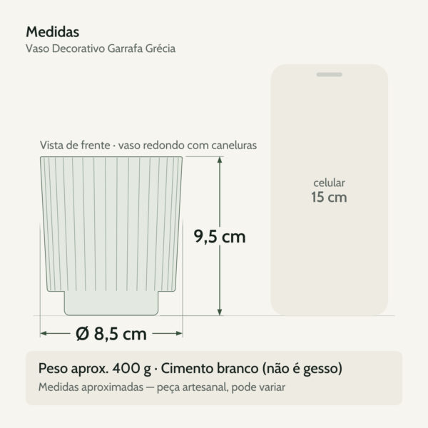 Medidas — Vaso Decorativo Garrafa Grécia 9,5cm Cimento Artesanal