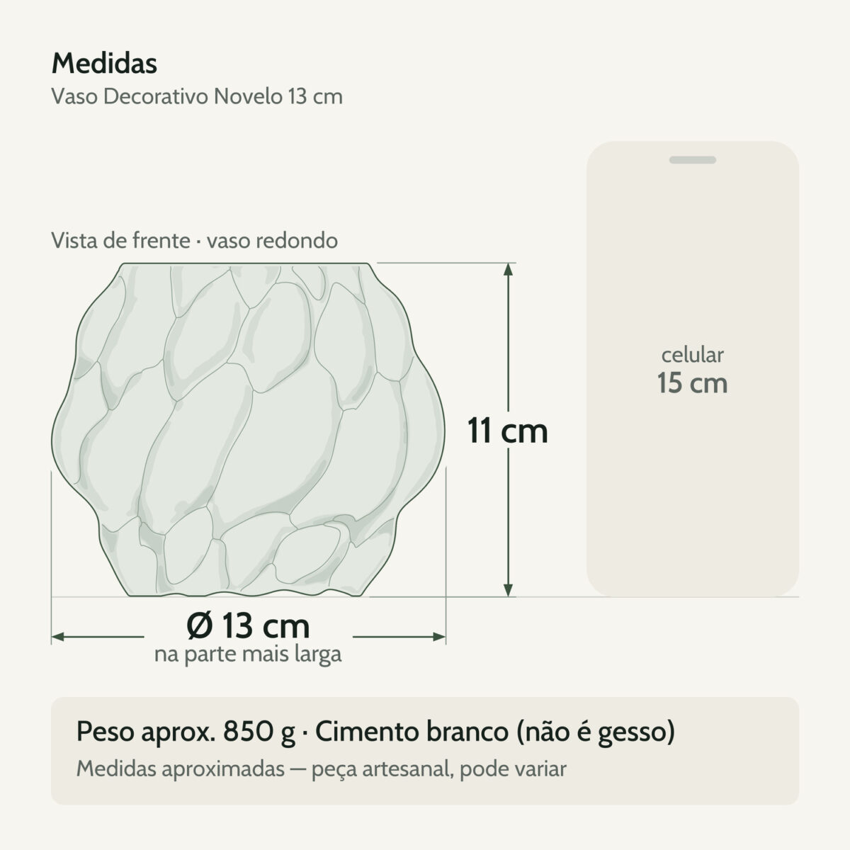 Medidas — Vaso Decorativo Novelo 13cm em Cimento Artesanal Sala e Cozinha
