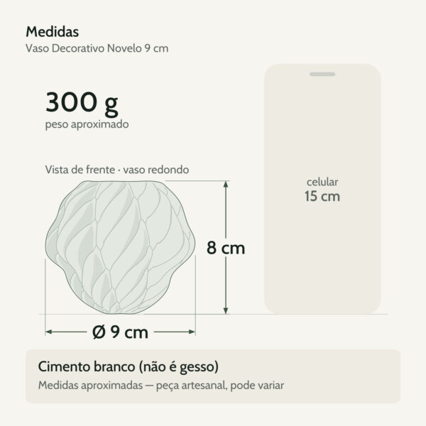 Medidas — Vaso Decorativo Novelo 9cm em Cimento Artesanal Sala e Cozinha