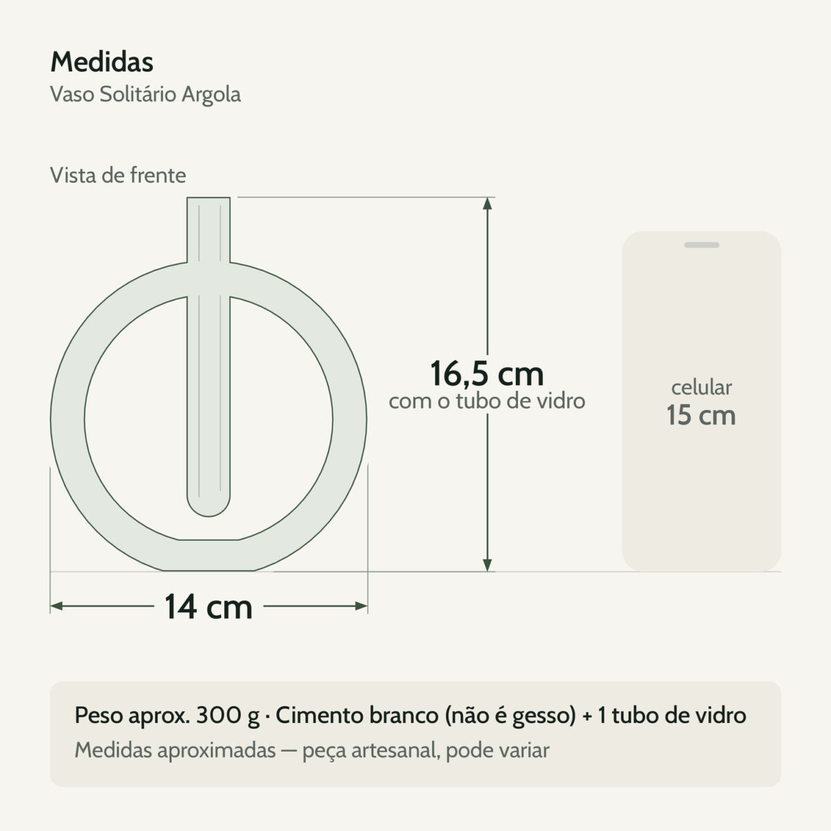 Medidas — Vaso Solitário Decorativo Anel Branco em Vidro Tubo