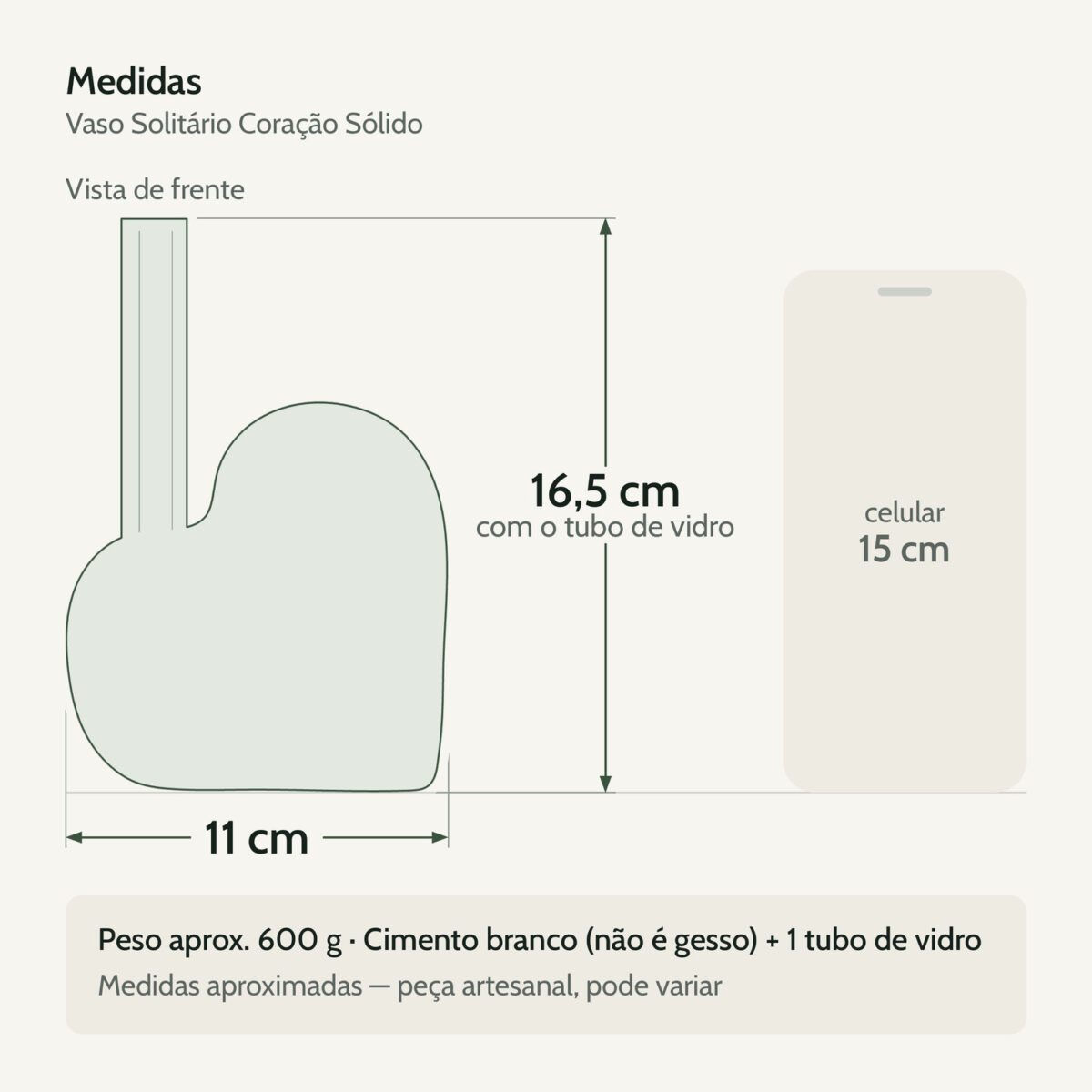 Medidas — Vaso Solitário Hidropônico Coração em Cimento Branco Egípcio