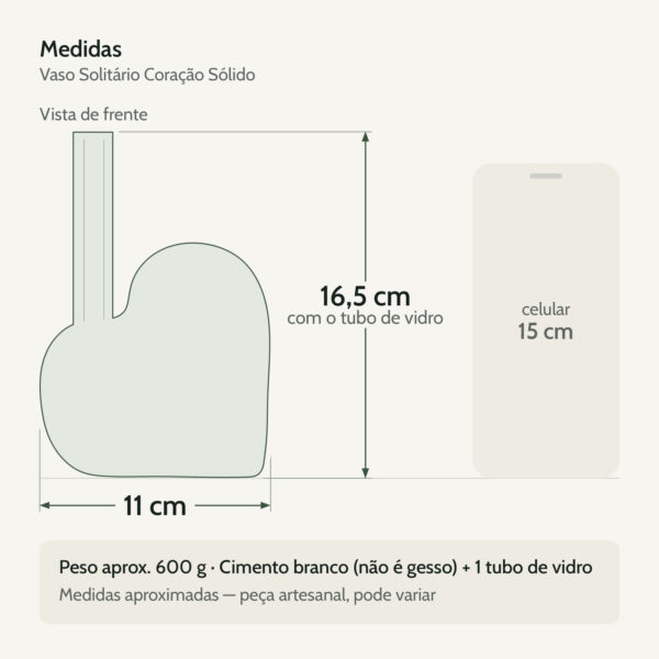 Medidas — Vaso Solitário Hidropônico Coração em Cimento Branco Egípcio