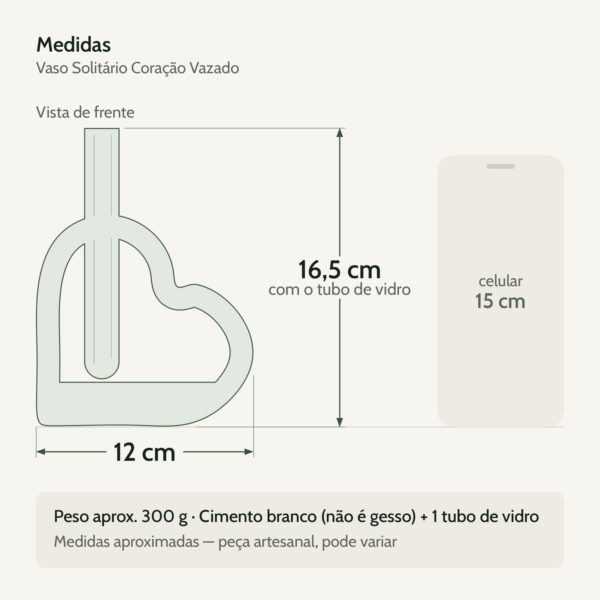 Medidas — Vaso Solitário Hidropônico Coração Vazado em Cimento Branco