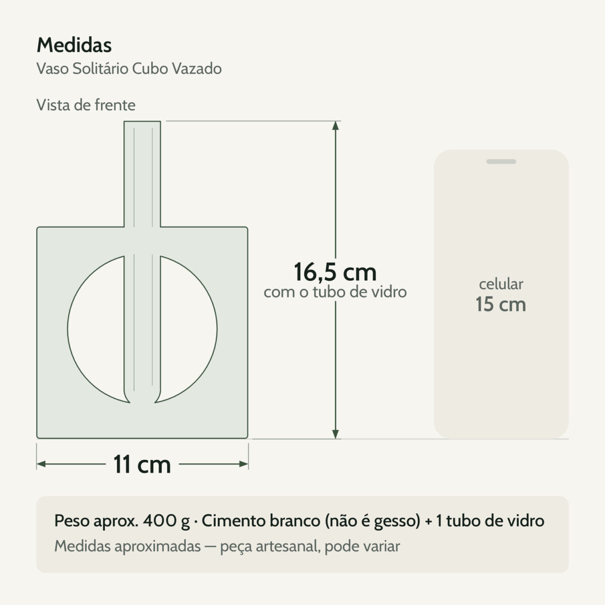 Medidas — Vaso Cubo Decorativo Branco com Tubo de Vidro Solitário