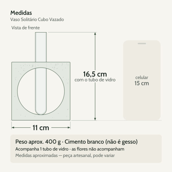 Medidas — Vaso Decorativo Solitário Cubo Vazado 16,5cm Artesanal em Cimento