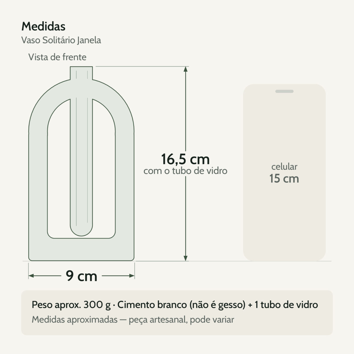Medidas — Vaso Decorativo de Cimento Branco Solitário para Janela