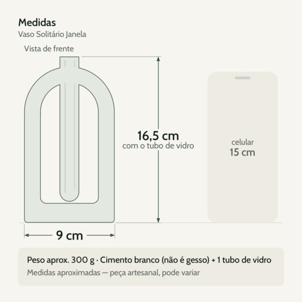 Medidas — Vaso Decorativo de Cimento Branco Solitário para Janela