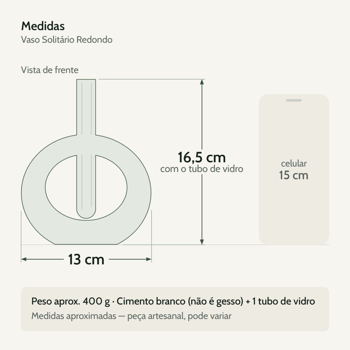 Medidas — Vaso Solitário Redondo de Cimento Branco com Tubo de Vidro