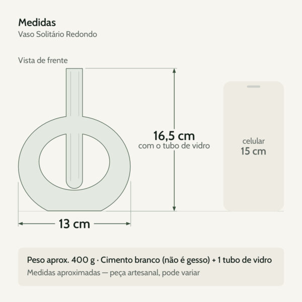 Medidas — Vaso Solitário Redondo de Cimento Branco com Tubo de Vidro